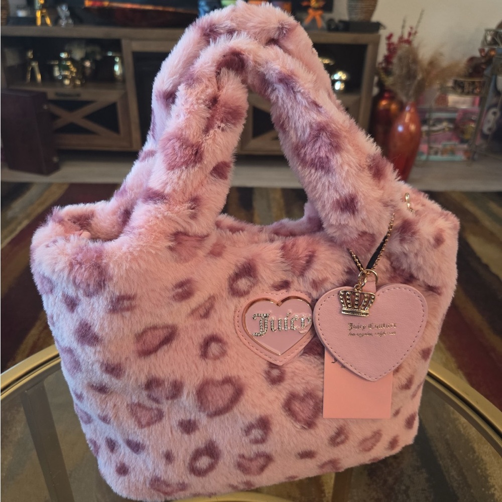 Juicy Couture Pink Furry Leopard Faux Fur Bag NWT